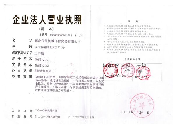 Porcellana BAODING CHUAN CHENG MACHINERY PARTS TRADING CO., LTD. Certificazioni