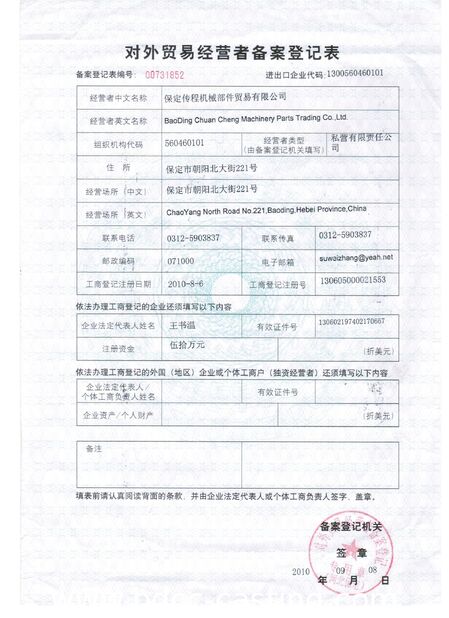 Porcellana BAODING CHUAN CHENG MACHINERY PARTS TRADING CO., LTD. Certificazioni